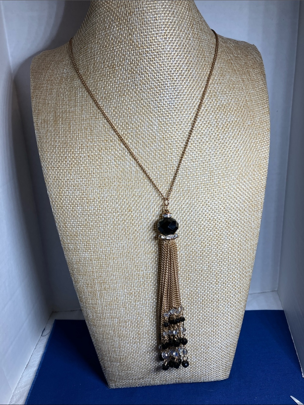 Gold Chain Tassel Pendant with Black Crystal Accents